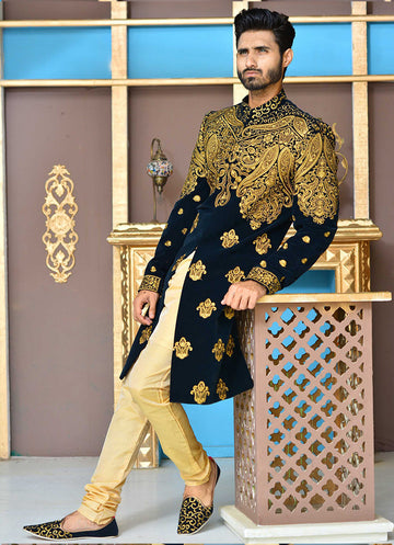 Black & Golden Color Velvet Embroidered Sherwani For Men